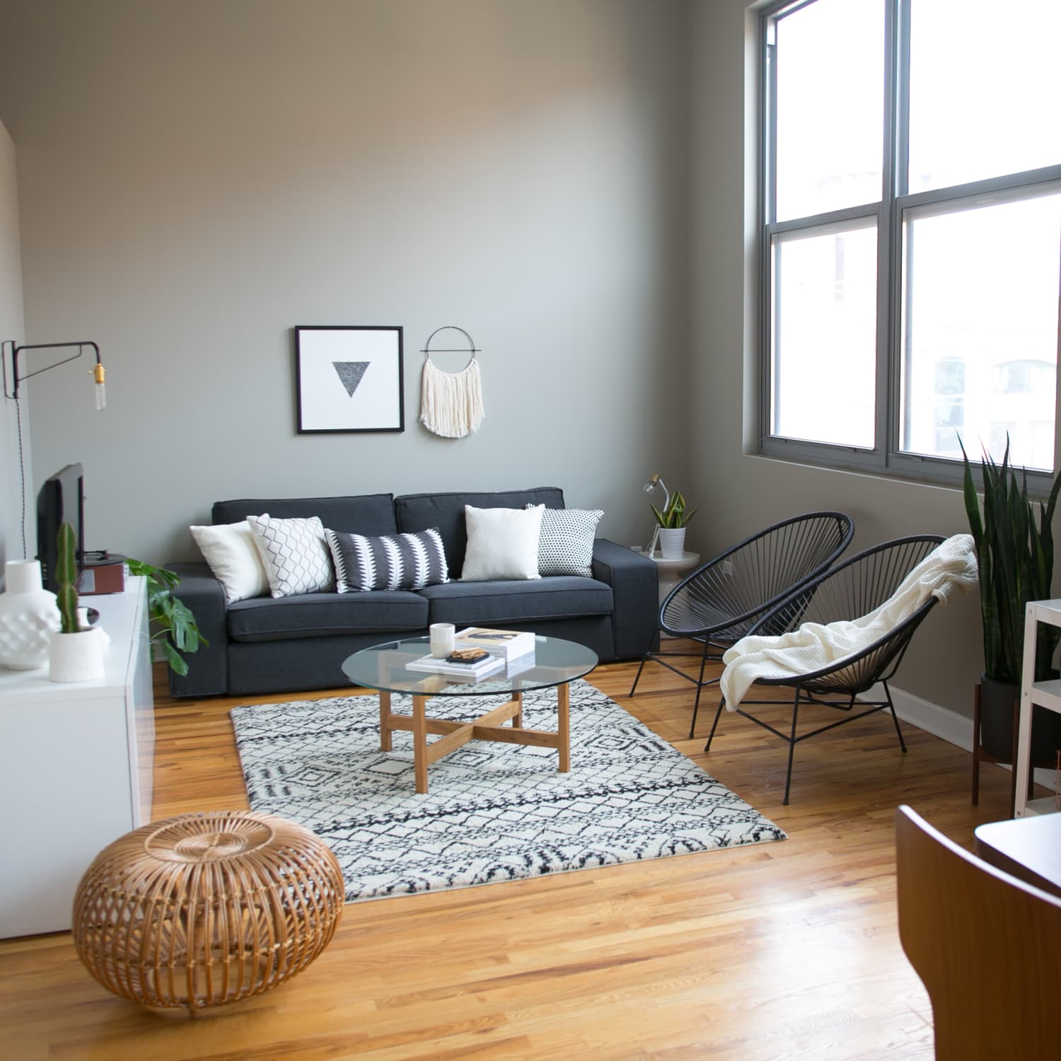 Grey couch deals dark wood floors